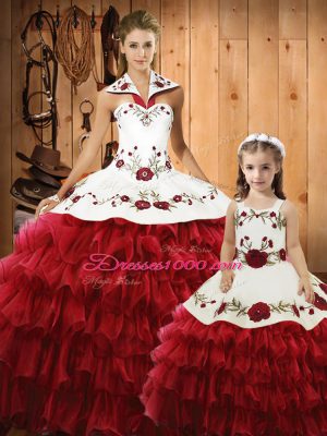 Great Wine Red Ball Gowns Halter Top Sleeveless Tulle Floor Length Lace Up Embroidery and Ruffles Quinceanera Gowns