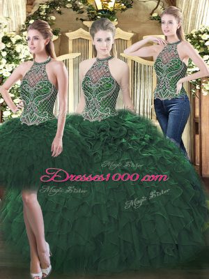 Elegant Sleeveless Floor Length Beading and Ruffles Lace Up Sweet 16 Quinceanera Dress with Dark Green