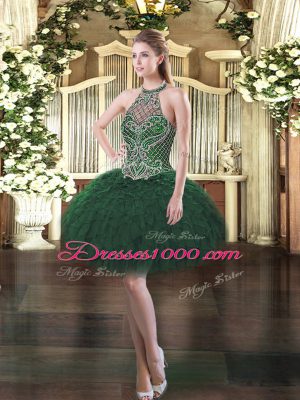 Elegant Sleeveless Floor Length Beading and Ruffles Lace Up Sweet 16 Quinceanera Dress with Dark Green