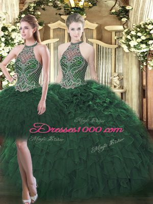 Elegant Sleeveless Floor Length Beading and Ruffles Lace Up Sweet 16 Quinceanera Dress with Dark Green