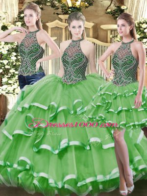 Hot Selling Floor Length Green Quinceanera Gowns Organza Sleeveless Beading and Ruffled Layers