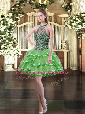 Hot Selling Floor Length Green Quinceanera Gowns Organza Sleeveless Beading and Ruffled Layers