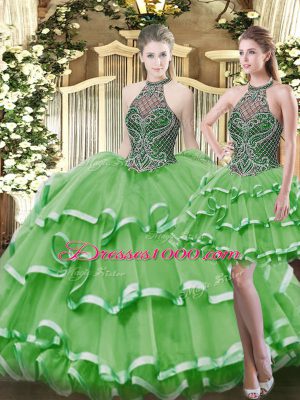 Hot Selling Floor Length Green Quinceanera Gowns Organza Sleeveless Beading and Ruffled Layers