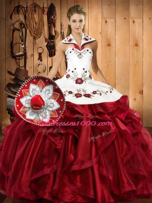 Fantastic Wine Red Sleeveless Floor Length Embroidery and Ruffles Lace Up Sweet 16 Dresses