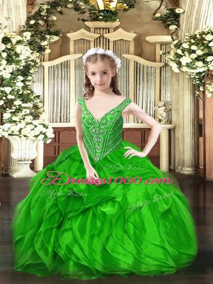 Green Organza Lace Up Little Girls Pageant Dress Sleeveless Floor Length Beading and Ruffles