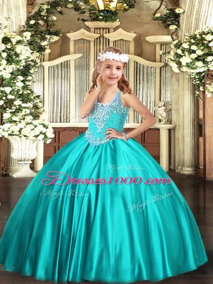 Floor Length Ball Gowns Sleeveless Turquoise Little Girl Pageant Gowns Lace Up