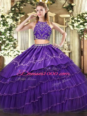 Fancy High-neck Sleeveless Sweet 16 Quinceanera Dress Floor Length Beading and Embroidery and Ruffled Layers Purple Tulle