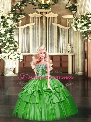 Vintage Sleeveless Floor Length Beading and Ruffled Layers Lace Up Sweet 16 Quinceanera Dress with Green