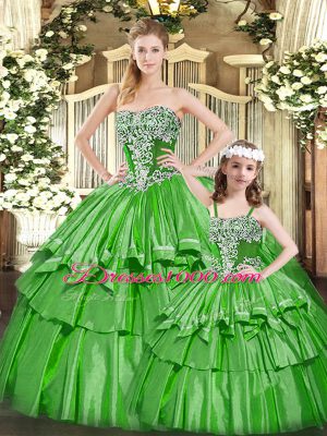 Vintage Sleeveless Floor Length Beading and Ruffled Layers Lace Up Sweet 16 Quinceanera Dress with Green