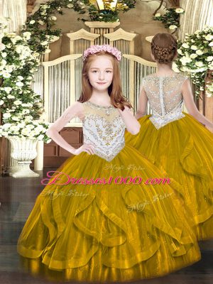 Simple Brown Sleeveless Beading and Ruffles Floor Length 15th Birthday Dress