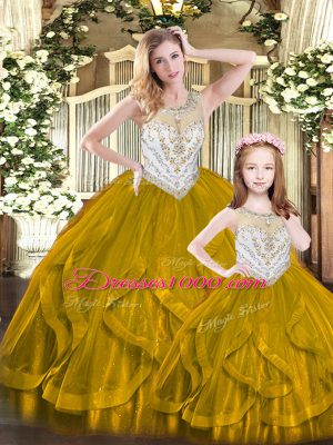 Simple Brown Sleeveless Beading and Ruffles Floor Length 15th Birthday Dress