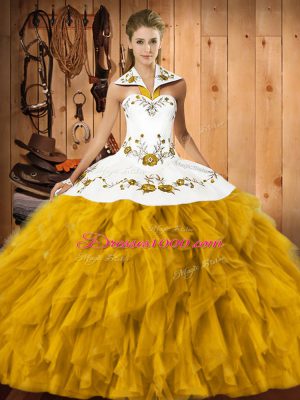 Floor Length Gold Quinceanera Gowns Satin and Organza Sleeveless Embroidery and Ruffles