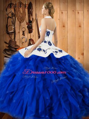 Floor Length Gold Quinceanera Gowns Satin and Organza Sleeveless Embroidery and Ruffles
