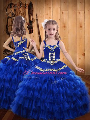 Floor Length Ball Gowns Sleeveless Royal Blue Little Girls Pageant Gowns Lace Up