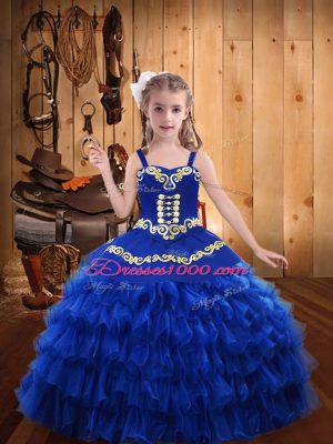 Floor Length Ball Gowns Sleeveless Royal Blue Little Girls Pageant Gowns Lace Up