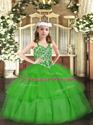 Attractive Green Ball Gowns Beading and Ruffled Layers Pageant Dress Toddler Lace Up Organza Sleeveless Floor Length