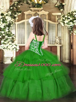 Attractive Green Ball Gowns Beading and Ruffled Layers Pageant Dress Toddler Lace Up Organza Sleeveless Floor Length