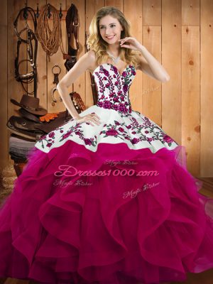 Dramatic Sleeveless Satin and Organza Floor Length Lace Up Quinceanera Gown in Fuchsia with Embroidery