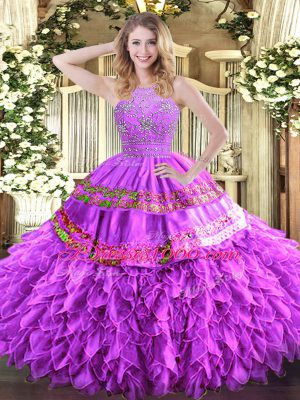 Gorgeous Halter Top Sleeveless Quince Ball Gowns Floor Length Beading and Ruffles and Sequins Lilac Tulle