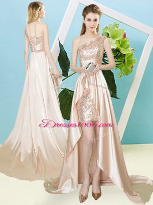 High Low Empire Sleeveless Champagne Prom Dresses Lace Up