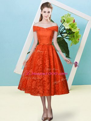 Enchanting Cap Sleeves Lace Tea Length Lace Up Bridesmaid Dresses in Rust Red with Bowknot