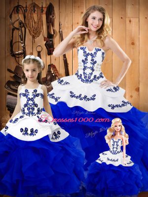 Customized Royal Blue Strapless Lace Up Embroidery and Ruffles Sweet 16 Quinceanera Dress Sleeveless