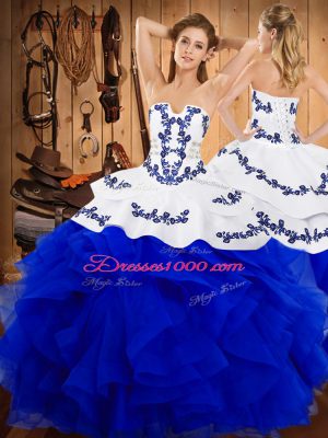 Customized Royal Blue Strapless Lace Up Embroidery and Ruffles Sweet 16 Quinceanera Dress Sleeveless