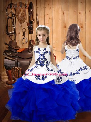 Customized Royal Blue Strapless Lace Up Embroidery and Ruffles Sweet 16 Quinceanera Dress Sleeveless