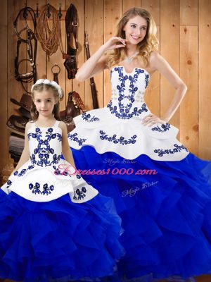 Customized Royal Blue Strapless Lace Up Embroidery and Ruffles Sweet 16 Quinceanera Dress Sleeveless