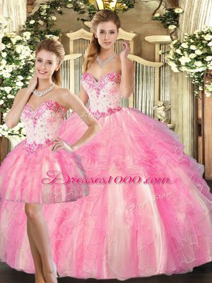 Custom Made Rose Pink Sleeveless Beading and Ruffles Floor Length Sweet 16 Dress