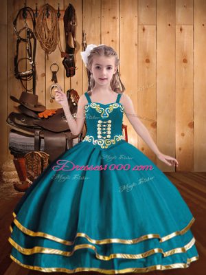 Straps Sleeveless Organza Little Girl Pageant Gowns Embroidery and Ruffled Layers Lace Up