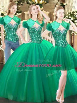 Pretty Floor Length Green Quinceanera Gown Tulle Sleeveless Beading