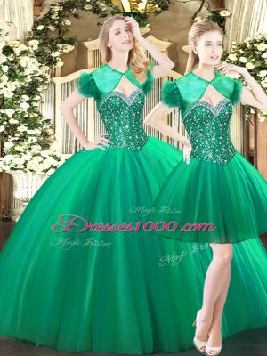 Pretty Floor Length Green Quinceanera Gown Tulle Sleeveless Beading