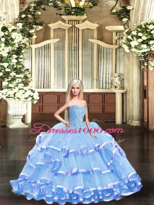 Floor Length Lace Up Ball Gown Prom Dress Lavender for Military Ball and Sweet 16 and Quinceanera with Beading and Ruffled Layers