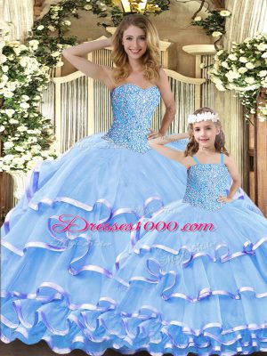 Floor Length Lace Up Ball Gown Prom Dress Lavender for Military Ball and Sweet 16 and Quinceanera with Beading and Ruffled Layers