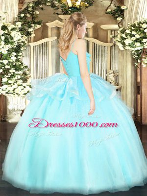 Stylish Lavender Ball Gowns Spaghetti Straps Sleeveless Organza Floor Length Zipper Ruffles Quinceanera Gowns