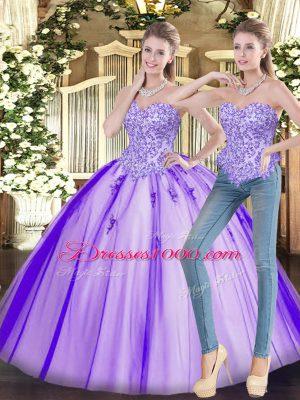 Modern Floor Length Lace Up Quince Ball Gowns Lavender for Military Ball and Sweet 16 and Quinceanera with Beading