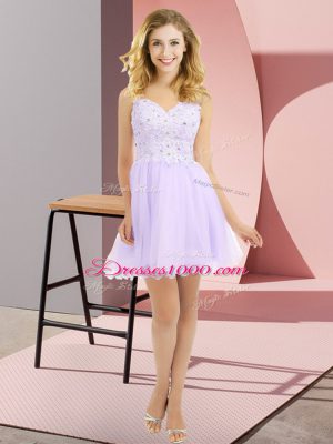 Lavender Tulle Side Zipper V-neck Sleeveless Mini Length Dama Dress Beading and Lace