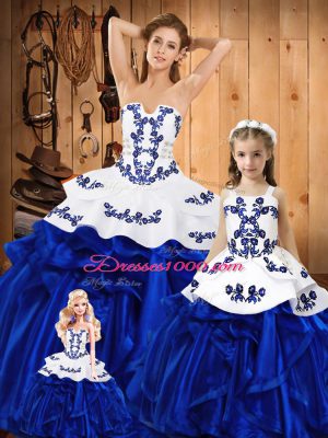 Strapless Sleeveless 15th Birthday Dress Floor Length Embroidery and Ruffles Blue Organza