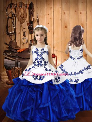 Strapless Sleeveless 15th Birthday Dress Floor Length Embroidery and Ruffles Blue Organza
