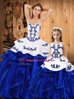 Strapless Sleeveless 15th Birthday Dress Floor Length Embroidery and Ruffles Blue Organza