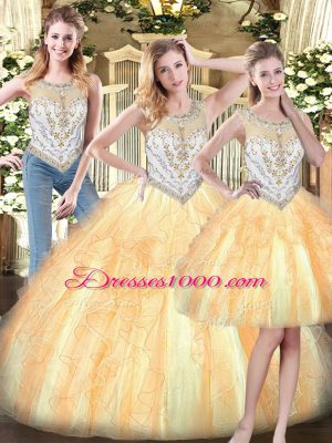Floor Length Zipper Ball Gown Prom Dress Gold for Military Ball and Sweet 16 and Quinceanera with Beading and Ruffles