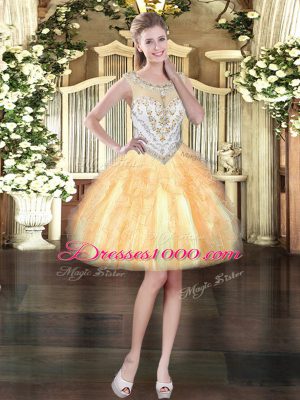 Floor Length Zipper Ball Gown Prom Dress Gold for Military Ball and Sweet 16 and Quinceanera with Beading and Ruffles
