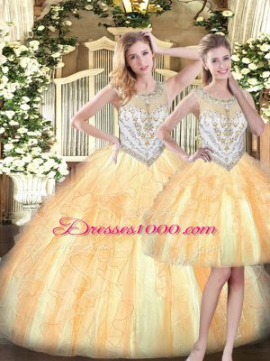 Floor Length Zipper Ball Gown Prom Dress Gold for Military Ball and Sweet 16 and Quinceanera with Beading and Ruffles