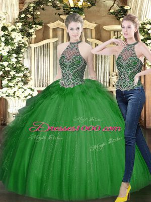 Dark Green Tulle Lace Up High-neck Sleeveless Floor Length Quinceanera Gowns Beading and Ruffles