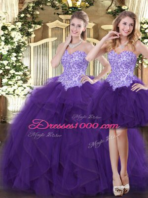 Purple Tulle Lace Up 15th Birthday Dress Sleeveless Floor Length Beading and Ruffles