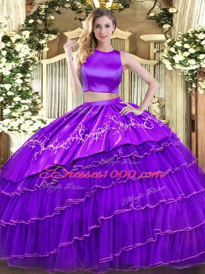 Luxurious Purple Tulle Criss Cross High-neck Sleeveless Floor Length 15th Birthday Dress Embroidery and Ruffled Layers