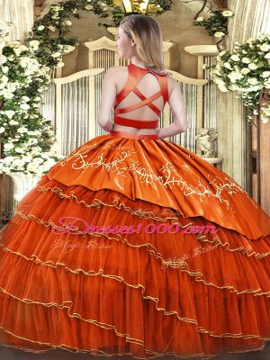 Luxurious Purple Tulle Criss Cross High-neck Sleeveless Floor Length 15th Birthday Dress Embroidery and Ruffled Layers