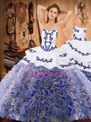 Satin and Fabric With Rolling Flowers Strapless Sleeveless Sweep Train Lace Up Embroidery Quinceanera Dress in Multi-color