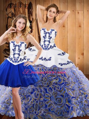 Satin and Fabric With Rolling Flowers Strapless Sleeveless Sweep Train Lace Up Embroidery Quinceanera Dress in Multi-color